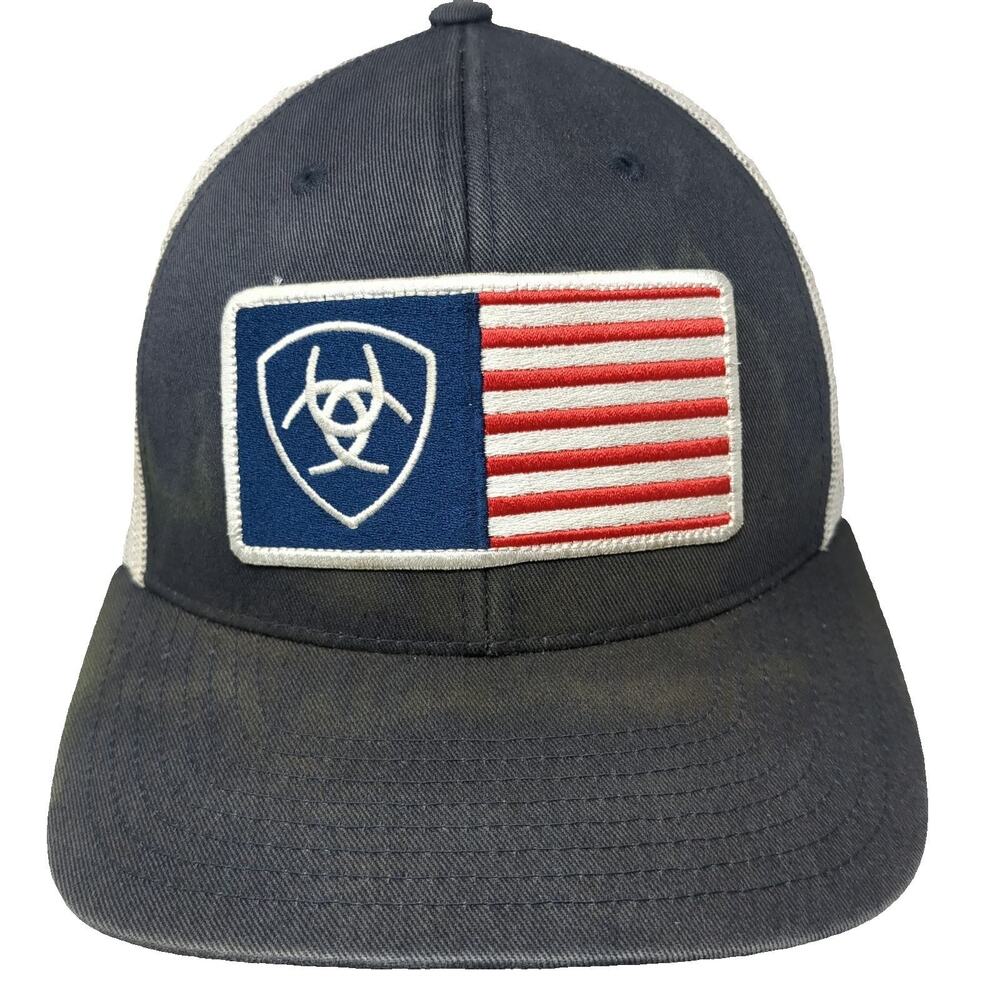 Ariat Blue Trucker Hat One Size Mesh Back American Flag Patch Logo Snapback